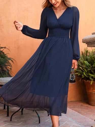 CUPSHE Women's Fall V Neck Long Sleeve Maxi Dresses Smocked Waist Elegant Cocktail Wedding Guest Dress4