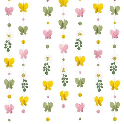 Image of Spring Decorations Flowers 3D Butterflies Dots Garland Green Pink Yellow Hanging Paper Streamer for Spring Birthday Mother's Day Wedding Bridal Shower Tea Party Decorations Supplies
