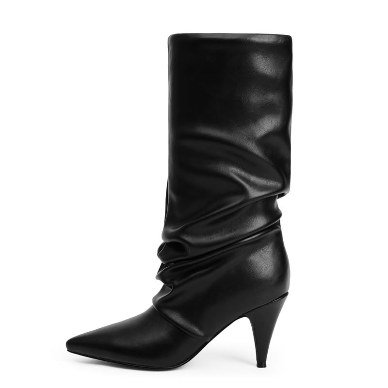 Modatope Slouchy Mid Calf Boots for Women Pointed Toe Chunky Heel Boots Faux Flod Over Slip on Womens Boots2