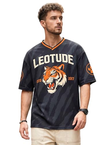 Image of LEOTUDE Men's Tiger Graphic Printed Oversized T-Shirt | Bold Black Sports Jersey Style Tee | Half Sleeve Casual Streetwear for Men's (Color:Black)