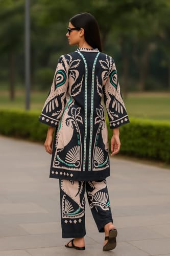 Image of Co-ord Set for Women | Japan Satin Silk with Stylish Digital Prints | Full Sleeves Top (38 inch) & Palazzo Pants (40 inch) | Elegant Daily & Casual Wear | Black and Cream