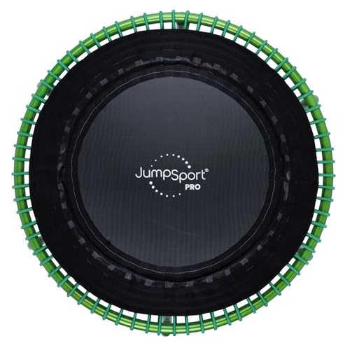 JumpSport 350 PRO Fitness Trampoline Cardio Workout No-Tip Arched Legs Home Gym Equipment with Adjustable Bungees & 60 Day Trial Video 39 Green