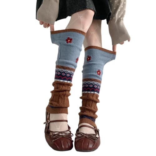 HYTENSUN Women's Knit Leg Warmers with Floral Embroidery – Nordic Cable Knit Winter Boot Cuffs, Soft Slouchy Balletcore Y2K Leg Warmers (Coffee+Blue)