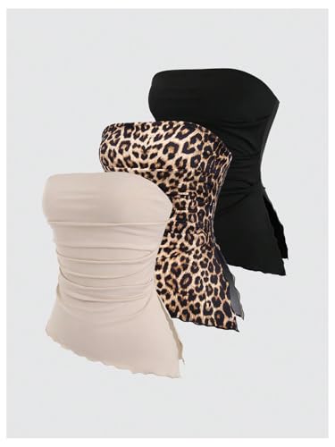 WDIRARA Women's 3 Pack Leopard Print Ruched Strapless Tube Top Asymmetrical Lettuce Trim Bandeau Tops4