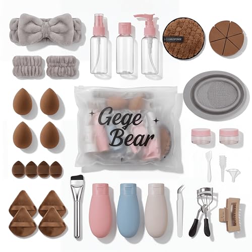Image of Multi-Shape Makeup Sponge Set | 20 Piece Beauty Puff Collection with Headband and Clean Sponge | Pink, Purple, Beige & Bright Sets | Face Blender Kit for Cream, Liquid & Powder | Aesthetic and Functional Makeup Tool (Brown, 38 PCS)