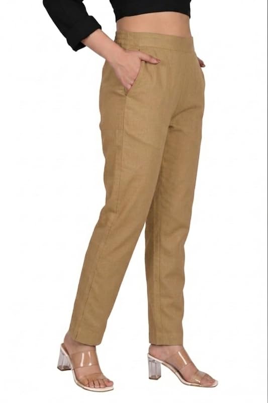 Image of Solid Cotton Woman Trousers Pants Regular Fit Kurti Pant with Drawstring Daily Office Formal Casual Use