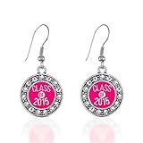 Inspired Silver - Class of 2015 Hot Pink - Silver Dangle Earrings for Women - Circle Charm Earrings French Hook Drop with Cubic Zirconia - Women's Dangly Earrings Jewelry Gift