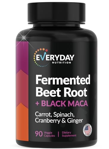 EVERYDAY NUTRITION Organic Fermented Beet Root & Black Maca Capsules with Carrot, Spinach, Cranberry & Ginger | Superfood for Energy, Stamina & Wellness | 90 Veggie Capsules | Made in USA