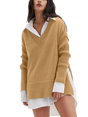 Image of DEEP SELF Women's V Neck Oversized Sweaters Long Batwing Sleeve Split Hem Pullover Asymmetric Loose Casual Knit Tops