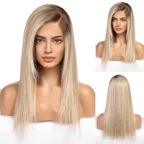 Image of RSY 18 Inch Ombre Golden Brown Human Hair Wigs for Women,Wig with Side Bangs,Wear Natural Realism,Real Hair Wigs,Blonde Human Hair