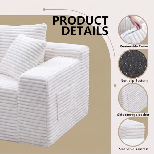 Image of 94.5 inch L Shaped Boneless Sectional Corduroy Couches for Living Room (White)