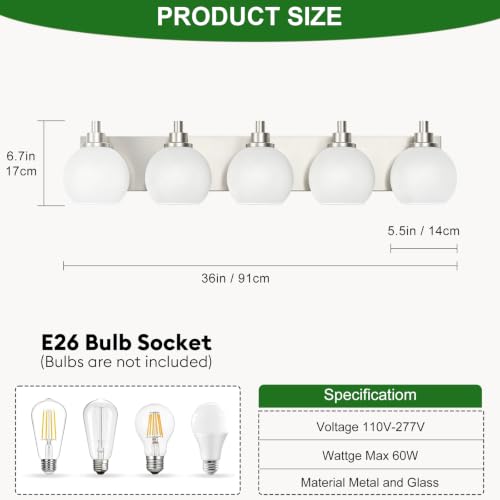 IZORRO Bathroom Light Fixtures, 5-Light Brushed Nickel Vanity Light, Modern Wall Sconces with Globe Milk White Glass Shade, Vanity Lighting Fixtures Over Mirror,E26 Bulb Socket by IZORRO - Used condition - Image 2