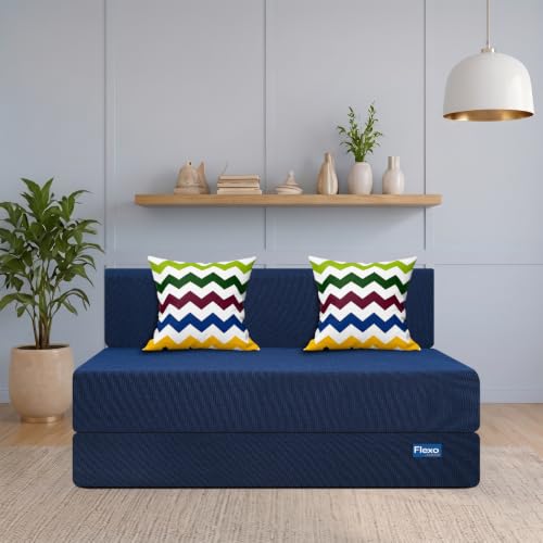 Image of Starlon 3 Seater Foldable Sofa Cum Bed 3-in-1 with 2 Waves Pattern Pillows, Washable Jute Fabric Cover, Space Saving Guest Bed, Pre-Assembled Royal Navy Blue 5x6 Ft