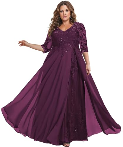 Plus Size Mother of The Bride Dresses for Wedding V-Neck Sequin Lace Chiffon Long Formal Evening Gowns