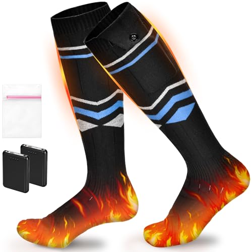 Calcetines Calefactables, 5000mAh Calcetines Térmicos Recargables con 4 Temperaturas, Amplia Zona de Calentamiento, Calcetines Lavables para Ciclismo/Esquí/Pesca en Invierno, Unisex 36-44 - Azul