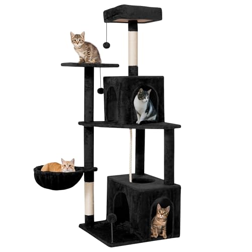 Image of 54inch Large Cat Tree Tower Condo with Hammock for Indoor Cats, Soft Plush Multi-Level Climbing Tree Cat House with Cat Cave, Scratching Post, Sisal Rope, Black