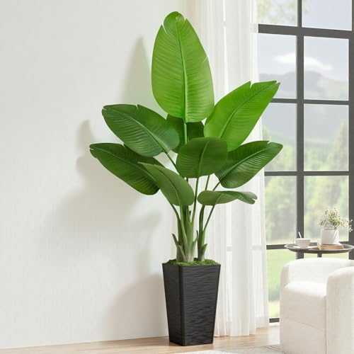 Image of Lifelike Bird of Paradise Artificial Plant 5ft Faux Banana Leaf TRE with Black Tall Wavy-Textured Planter for Home Decor- perect Indoor Silk Floor Plant for Living Room Office Ambianc Enhancement