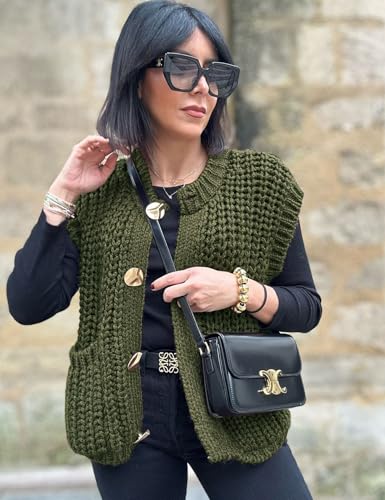 Flygo Womens Sleeveless Crop Chunky Knit Cardigan Trendy Button Down Cropped Knitted Sweater Vest Tops with Pockets4