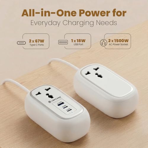 Image of LAPCARE Grip 5-in-1 Desktop Power Strip with 67W GaN Fast Charging, 2 Universal 3 Pin Socket, 2 Type-C PD Ports, 1 USB-A Port, Surge Protection, Fire-Resistant, Compact Power Hub for Home & Office