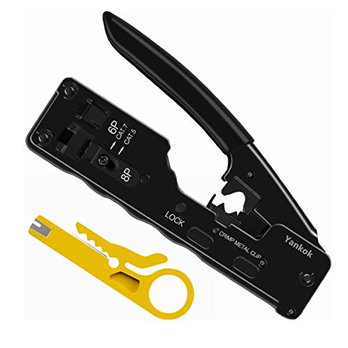 Yankok [RJ45 RJ12 RJ11 Modular Crimper] for Cat5 Cat5e Cat6 Cat6a Cat7 Shielded Plugs Network Data Voice Cables Compact Ethernet Crimp Tool (Come with Mini Cable Stripper) YKCR007BK