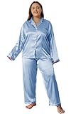 Vozanet Women's Plus Size Button Down Pajama Sets Satin Silky Long Sleeve Long Pants Sleepwear Loungewear Nighty XL to 5XL 2pcs Ladies V Neck PJS Jammies, Sky Blue, 5X-Large