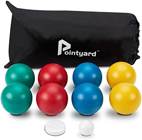 Pointyard Bocce Ball Set, Lighter 84mm Bocce Ball Set with 8 PE Bocce Balls | 1 Pallino | Carry Bag | Measuring Tape - Outdoor Family Games for Backyard/Lawn/Beach (Red,Blue,Green,Yellow)