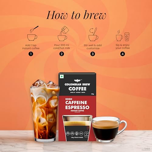 Image of Colombian Brew High Caffeine Espresso Instant Coffee Powder, Strong, 100g Box