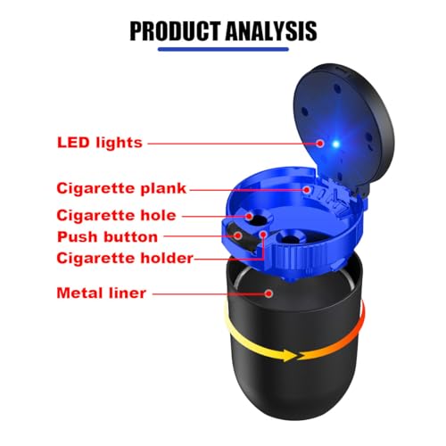 Image of Car Ashtray with Lid Smell Proof, Detachable Stainless Smokeless Ash Tray with LED Blue Light, Portable Mini Car Trash Can, Windproof Auto Ashtray Cup Holder for Car Home Outdoor Travel (Blue)