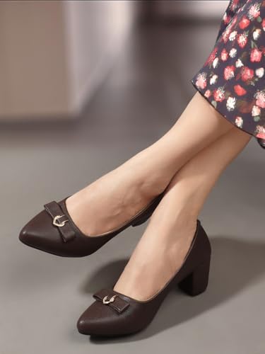 Image of Carlton London Women's Block Heel Round Toe Pumps - Elegant, Comfortable, and Stylish for Office, Casual and Semi-Formal Use