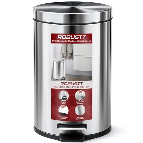 Image of Robustt Dustbin with Pedal - 8L | Silver Stainless Steel trash can | 8 Inch (W) x 12 Inch (H) | Small Trash Can for Bathroom, Bedroom, Toilet, and Kitchen | Durable & Corrosion-Resistant - Pack of 1