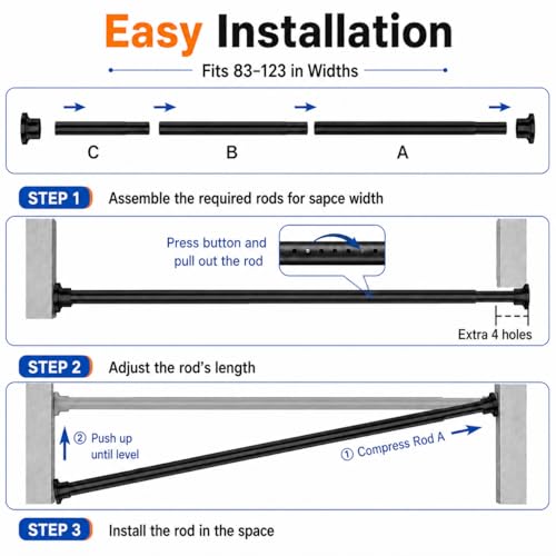 Image of ALLZONE Tension Curtain Rod for Window, 83-123 Inches, Heavy Duty Curtain Rods No Drilling, Non-Slip Bathroom Shower Tension Rod, Renter Friendly, Adjustable, Spring Loaded, Extra Long, Black
