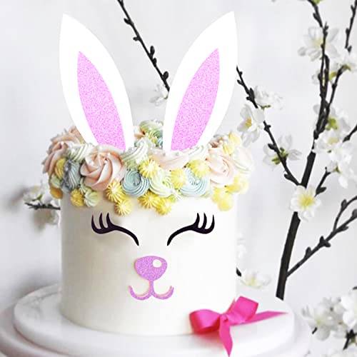 2 Set Easter Bunny Ears Cake Topper Decorations With Eyelashes Nose Ear,Easter Cupcake Topper For Easter Christmas Birthday Party Decor Supplies #TOP1