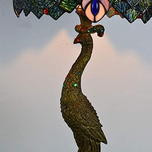 LITFAD 1 Head Peacock Desk Light Brass Hand-Crafted Glass Task Light Stained Glass Shade Bedside Table Lamp for Reading Room Office Bedroom