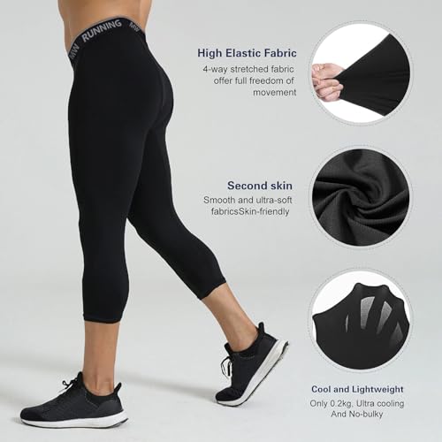 MEETWEE Kompressionshose Herren, 3/4 Laufhosen Sport Leggings Atmungsaktiv Funktionsunterhose Tights Unterhose 3/4-schwarz, L