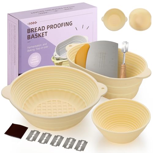 JibLumK Banneton Proofing Basket Set of 3 - Dishwasher Safe Sourdough Kit, 10 inch Round & Oval & 5 inch Round Yellow, Perfect Bread Baking Christmas Gift for Women