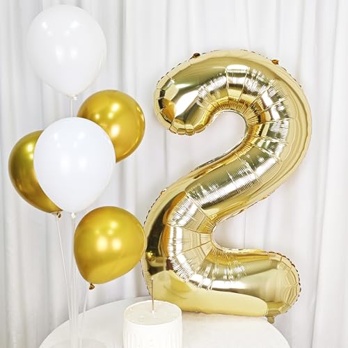 Image of 40 Inch Light Gold 2 Number Balloons Large Champagne Gold Number | White Gold Giant 2 Foil Mylar Helium Digital Balloon for 2th or 2st Anniversary Party Decorations Supplies