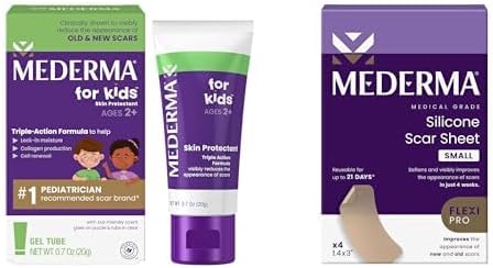 Mederma Kids Scar Treatment Bundle - 0.70 Oz Purple Grape Scented Gel for Ages 2+ and 4-Count Medical Grade Silicone Scar Sheets for Old & New Scars