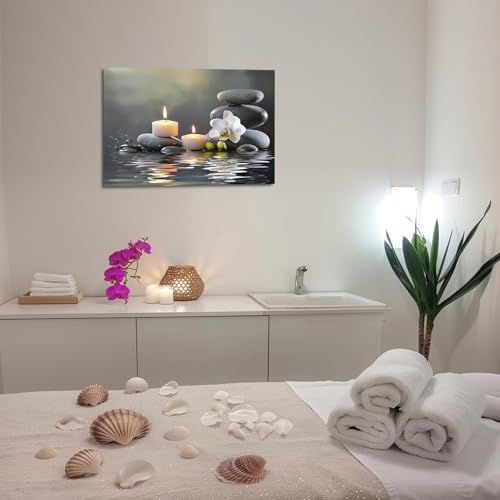 PBXBJY Bathroom Wall Art Orchid Flower with Black Zen Stone Pictures SPA Candle Picture Prints Still Life Canvas Painting for Meditation Spiritual Room Decor (White, (24.00" x 36.00")) by PBXBJY - Used condition - Image 2