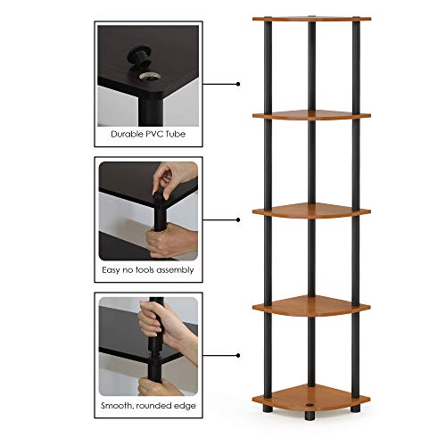 Image of Furinno TURN-N-TUBE Corner Shelf, 5-Tier Corner Bookshelf, Open Storage Shelves, for Organization and Storage, Living Room, Home Office, Garage, Bedroom, Light Cherry