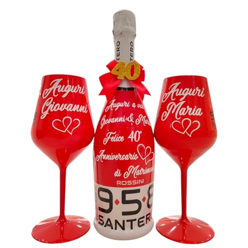 BOTTIGLIA Spumante e Bicchiere Personalizzabili ideali per San Valentino, Anniversario, Proposta di Matrimonio, Laurea, Compleanno, Natale, Scritta e Fiocco da scegliere in fase di personalizzazione
