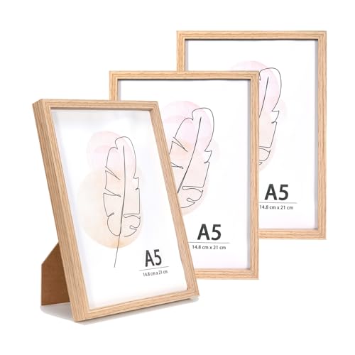 KAIWIN Set di 3 Cornici per Foto A5 in Rovere, Cornice in Legno per Poster, Cornici da 14,8x21 cm per Montaggio a Parete e su Tavolo per Casa, Ufficio, Galleria, Vacanze con Foto, Poster