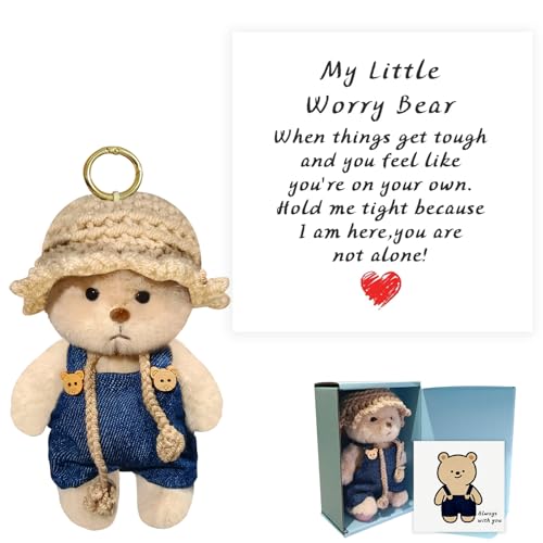 ChilArt Mini Handcrafted Large Worry Bear Gift Set with Inspirational Card Includes Pocket Bear wearing overalls and straw hat Mini Bears Make Perfect Emotional Support Gifts for Family Friends(Large-sized suspenders)