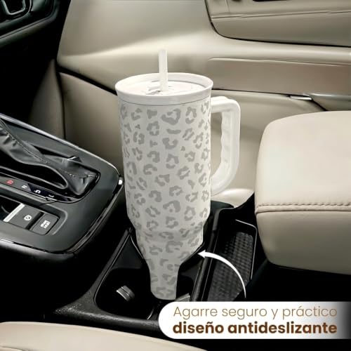 Image of SANDJEST Leopard Tumbler with Handle, Insulated Cup Stainless Steel Travel Mug Cup, Gifts for Women Girl on Birthday Christmas, Cream Leopard, 40oz