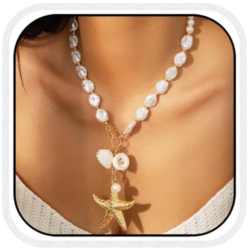 Image of Atigy Boho Starfish Necklace Pearl Seashell Necklaces Pendant Beach Necklace Jewelry for Women (White)
