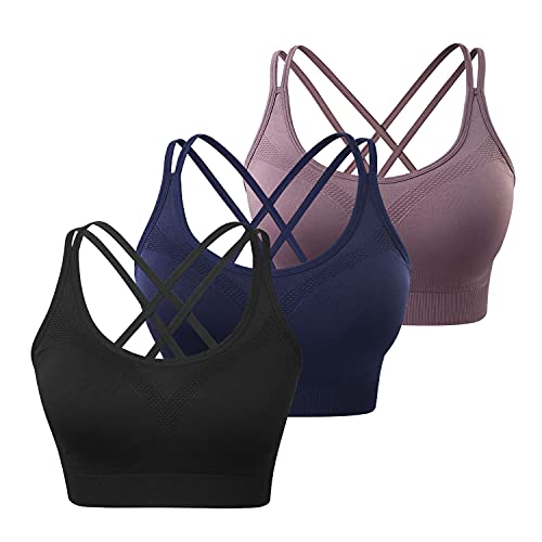 Image of WOYYHO Cross Back Sports Bra for Women Padded Medium Support Workout Bra | 3 Pack, Strappy, Removable Pads, Soft, Spaghetti Strap, Moisture-Wicking, Seamless, for Athletic Yoga Gym Fitness Daily