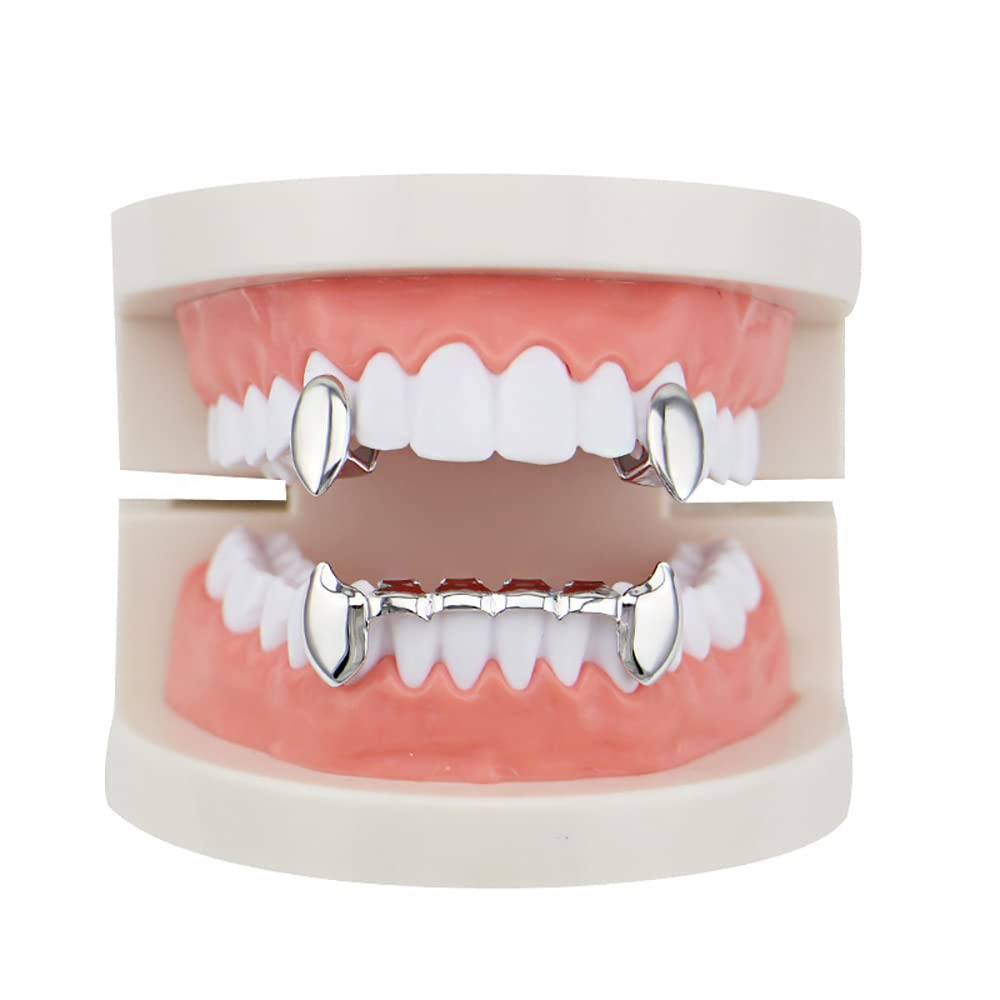 18K Gold Plated Hip Hop Teeth Grillz Caps 2pc Single Fangs and 6 Bottom Grillz Set for Your Teeth Grills for Men Women Rapper Accessory