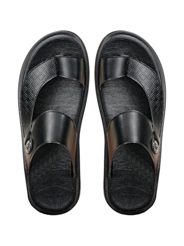GORGLITTER Men's Beach Leather Double Band Studded Sandals Toe Post Flat Shoes Pu Slide Slippers Black 12