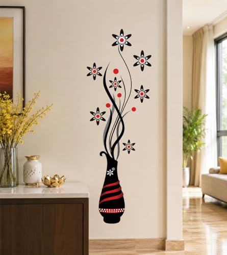 Image of DreamKraft Flower Vase Wall Sticker, 107 x 124 cm Large Black Red Floral Wall Decal for Living Room, Bedroom, Hallway and Home Decor, Peel and Stick Decorative Wall Sticker