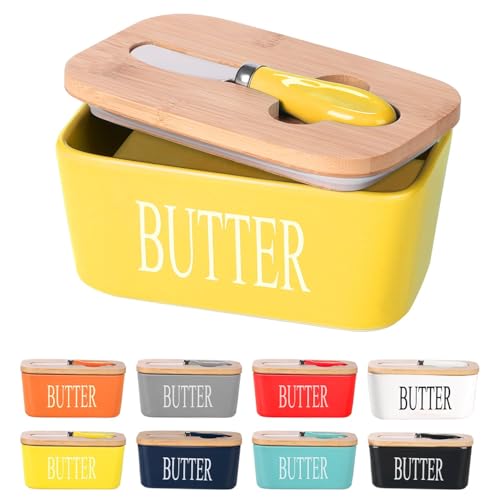 Image of Ceramic Butter Dish with Wooden Lid and Stainless Steel Knife, Large Butter Container Keeper with Bamboo Cover and Silicone Sealing Ring for West and East Coast Butter (Yellow)