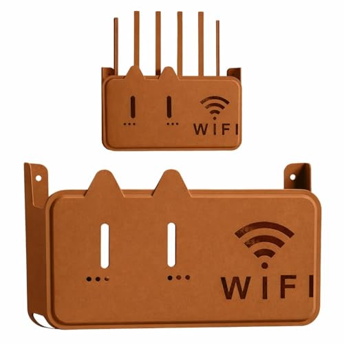 Image of Wall Mounted WiFi Router Storage Box with Cable Management, No Drill Adhesive WiFi Box Holder, Ventilated Router Stand Organizer for Modem, Power Strip & Set Top Box for Home Office Use (Brown)